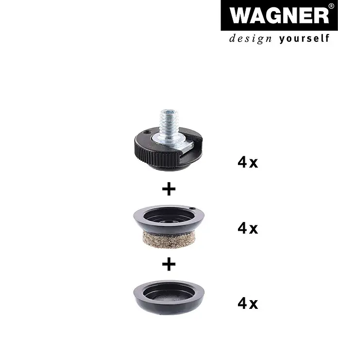 Wagner System Verstellfüße - Länge Gewinde: 8 mm, Durchmesser Gewinde: 6 mm, 4 Stk. - Das Bild zeigt ein Wagner Möbelgleiter Set mit Schraube, Filzeinsatz und schwarzer Kappe, präsentiert in einer Explosionsansicht.