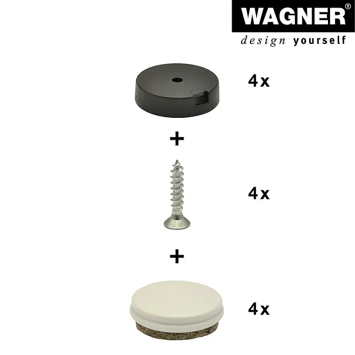 Wagner System Filzgleiter Duo Ultrasoft/Hyper - Durchmesser: 25 mm, 4 Stk., Mit Schraube - Produktabbildung: Wagner Möbelgleiter-Set, bestehend aus einer schwarzen Kappe, einer Schraube und einem Filzgleiter, jeweils vier Stück.