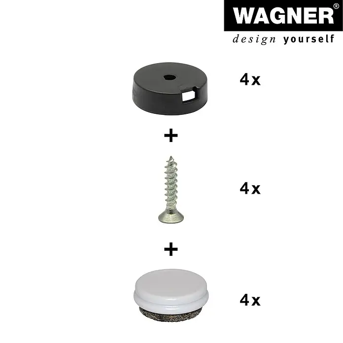Wagner System Filzgleiter Duo Ultrasoft/Hyper - Durchmesser: 20 mm, 4 Stk., Mit Schraube - Produktbild von WAGNER Bodenschützern, bestehend aus einer schwarzen Halterung, Schraube und einem Gleiter, jeweils 4-fach abgebildet.