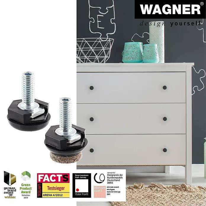 Wagner System Verstellfüße - Länge Gewinde: 15 mm, Durchmesser Gewinde: 6 mm, 4 Stk. - Bild von zwei Möbelfüßen mit Gewinde und schwarzem Kunststoffgehäuse, einer mit Filzgleiter, vor einer Kommode und Auszeichnungen.