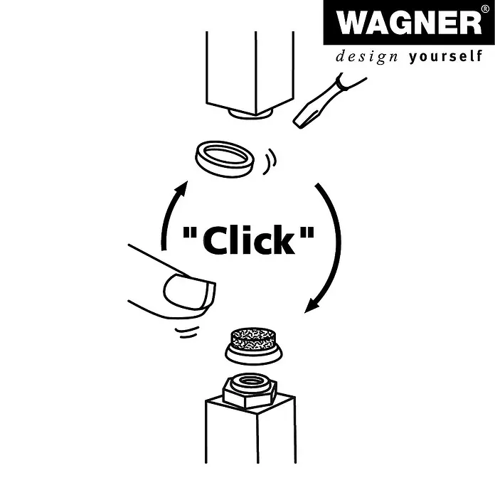 Wagner System Verstellfüße - Länge Gewinde: 25 mm, Durchmesser Gewinde: 10 mm, 4 Stk. - Einliniendiagramm, das zeigt, wie man ein Wagner-Produkt mit einem Klick zusammenbaut, mit Pfeilen, die die Montageabfolge veranschaulichen.