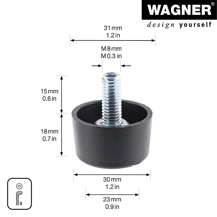 Wagner System Verstellfüße Justus Duo - Durchmesser: 25 mm, Schrauben, 4 Stk. - Produktbild eines schwarzen Möbelgleiters mit Schraube und Maßangaben für verschiedene Dimensionen.