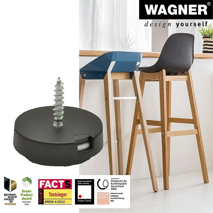 Wagner System Filzgleiter Duo Ultrasoft/Hyper - Durchmesser: 25 mm, 4 Stk., Mit Schraube - Produktbild mit Wagner-Logo, das einen höhenverstellbaren Stuhlfuß und eine Schraube zeigt.