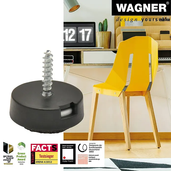 Wagner System Filzgleiter Duo Ultrasoft/Hyper - Durchmesser: 20 mm, 4 Stk., Mit Schraube - Produktbild eines schwarzen Möbelgleiters mit Schraube von Wagner, ideal für den Schutz von Böden.