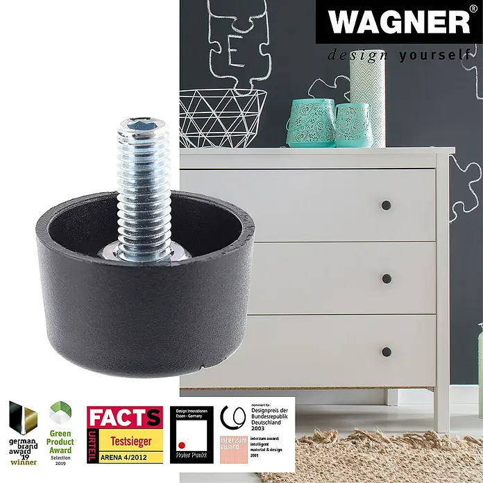 Wagner System Verstellfüße Justus Duo - Durchmesser: 25 mm, Schrauben, 4 Stk. - Produktabbildung eines schwarzen Möbelgleiters mit Schraube vor einer Kommode und Auszeichnungen.