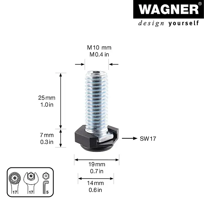 Wagner System Verstellfüße - Länge Gewinde: 25 mm, Durchmesser Gewinde: 10 mm, 4 Stk. - Abbildung einer M10x25mm Schraube mit SW17 Sechskantmutter und Maßangaben.