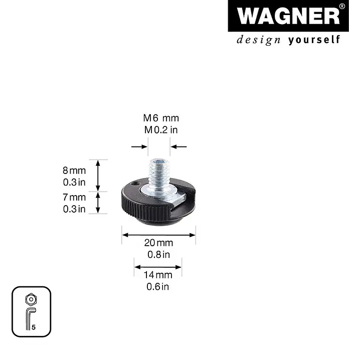 Wagner System Verstellfüße - Länge Gewinde: 8 mm, Durchmesser Gewinde: 6 mm, 4 Stk. - Produktabbildung mit Maßangaben. Die Schraube mit Gewinde hat einen Durchmesser von M6 mm und eine Höhe von 8 mm.