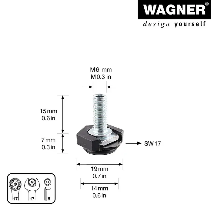 Wagner System Verstellfüße - Länge Gewinde: 15 mm, Durchmesser Gewinde: 6 mm, 4 Stk. - Abbildung eines verstellbaren Möbelfußes mit den zugehörigen Maßen und Werkzeugsymbolen.