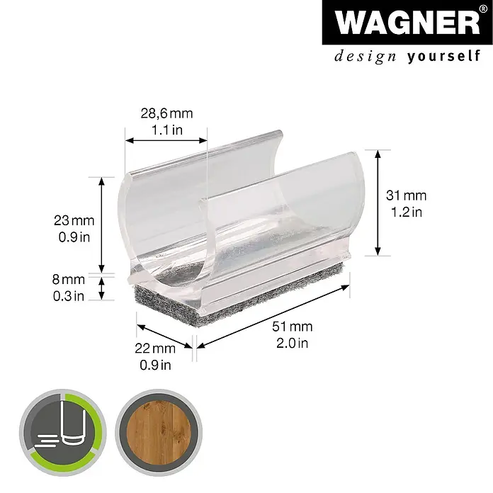 Wagner System Klemmschalengleiter Filz - Durchmesser: 28,6 mm, 4 Stk. - Produktbild eines transparenten Möbelgleiters mit Filzgleitfläche und Maßangaben in mm und inch.