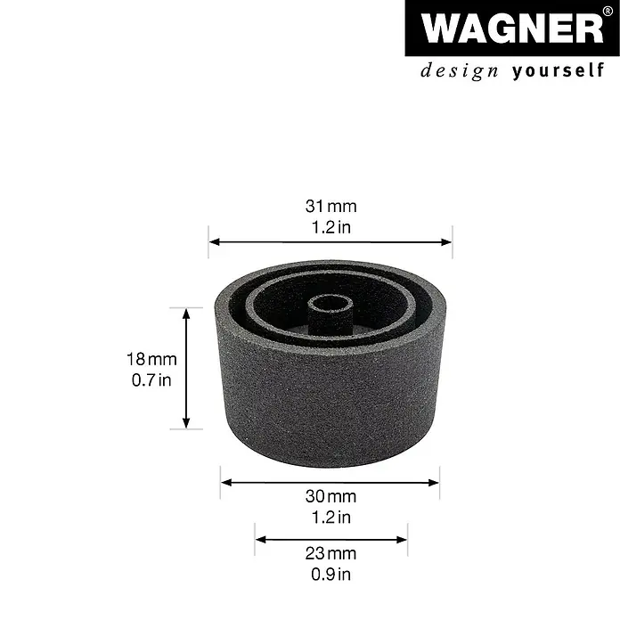 Wagner System Filzgleiter Basis - Durchmesser: 25 mm, Schrauben, 4 Stk. - Produktbild eines grauen, zylindrischen Möbelgleiters mit den Maßen 31mm x 30mm x 23mm.