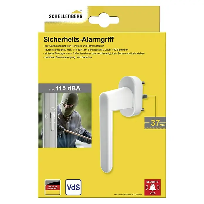 Schellenberg Manilla de ventana con alarma - Blanco, 115 dB - Embalaje de una manija de alarma de seguridad Schellenberg para ventanas y puertas de patio con función de alarma.