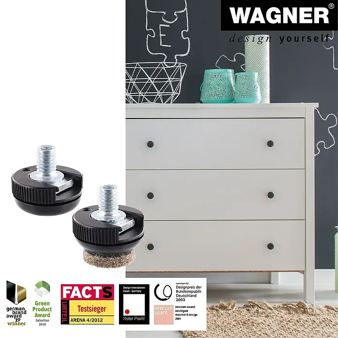 Wagner System Verstellfüße - Länge Gewinde: 8 mm, Durchmesser Gewinde: 6 mm, 4 Stk. - Bild von zwei schwarzen, verstellbaren Möbelfüßen der Marke Wagner vor einer Kommode.