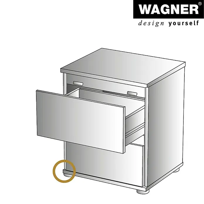 Wagner System Verstellfüße - Länge Gewinde: 25 mm, Durchmesser Gewinde: 10 mm, 4 Stk. - Die Abbildung zeigt einen Nachttisch von WAGNER mit offener Schublade, der durch sein schlichtes Design überzeugt.