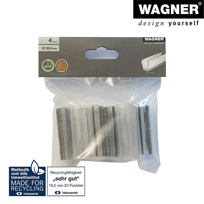 Wagner System Klemmschalengleiter Filz - Durchmesser: 28,6 mm, 4 Stk. - Verpackung mit vier Wagner-Gleitern mit Filzgleitfläche, geeignet für Rohre mit einem Durchmesser von 28,6 mm und tragen das Recyclingzeichen.