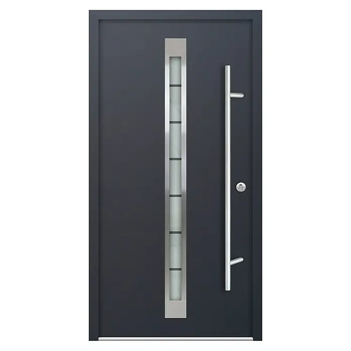 FM Türen Haustür AC68-520 - 100 x 210 cm, DIN Anschlag: Rechts, Anthrazit - Elegante Haustür in Anthrazit mit senkrechtem Glaseinsatz und langem, modernem Griff aus Edelstahl. Stilvolles Design für einladende Hauseingänge.