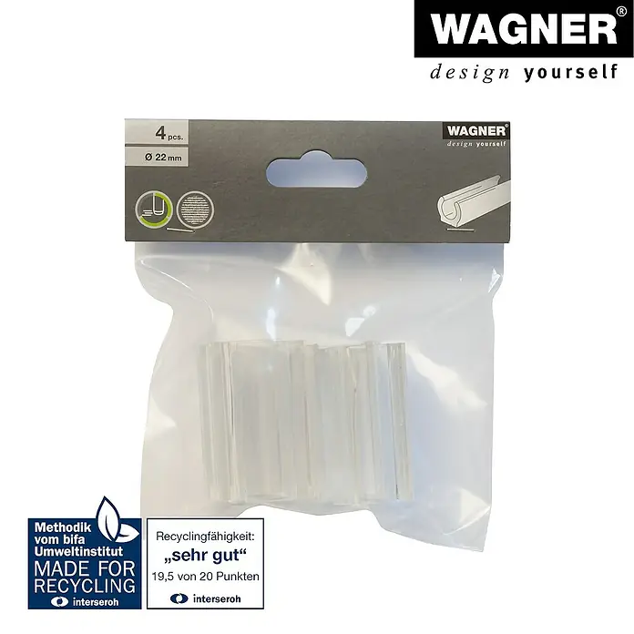 Wagner System Klemmschalengleiter - Durchmesser: 22 mm, Kunststoff, 4 Stk. - Eine Packung Wagner-Design-Dichtungsprofile mit 4 Stück, Ø 22 mm, in transparenter Verpackung, ausgezeichnet für Recyclingfähigkeit.