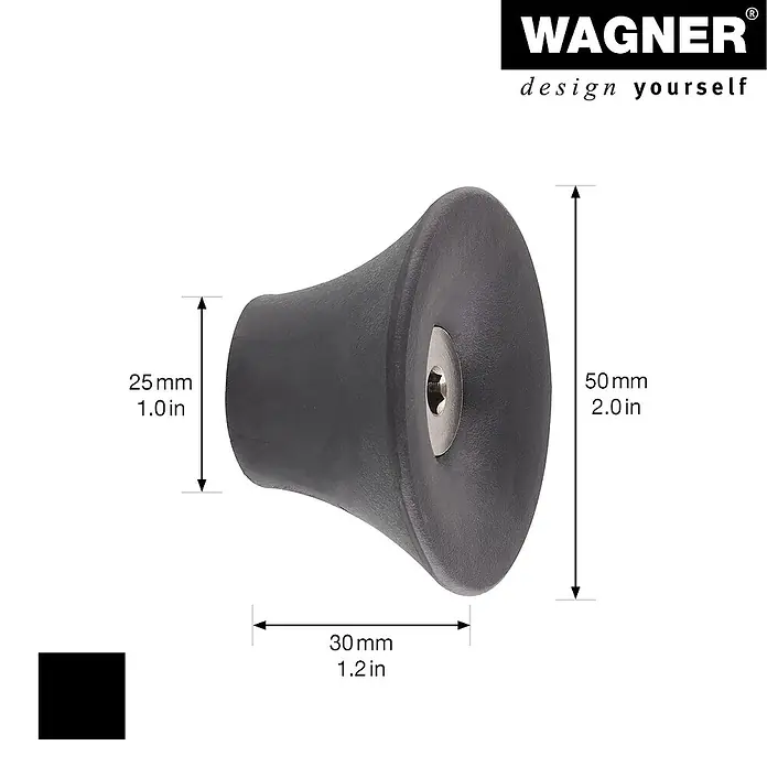 Wagner System Garderobenhaken-Set - Ø x H: 50 x 30 mm, Schwarz, 4 Stk. - Nahaufnahme eines schwarzen Möbelknopfs mit Größenangaben, ideal für DIY-Projekte und Möbeldesign.