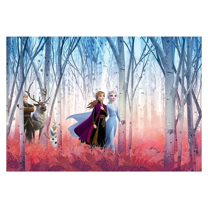 Komar Disney Edition 4 Fototapete Frozen Friends Forever - 8 -tlg., B x H: 368 x 254 cm, Papier - Lebhaftes "Die Eiskönigin 2"-Motiv mit Anna, Elsa, Kristoff, Sven und Olaf in einem magischen Wald, ideal für Kinderzimmer oder als Party-Dekoration.