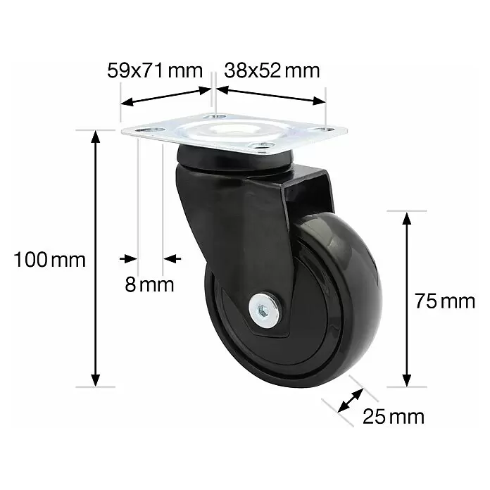 Wagner System Design-Lenkrolle - Durchmesser Rollen: 75 mm, Traglast: 75 kg, Mit Platte und Feststeller, Schwarz - Skizze
