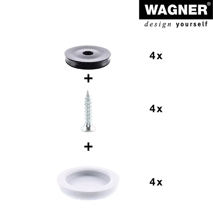 Wagner System Filzgleiter Hyper Slim - Durchmesser: 20 mm, 4 Stk., Mit Schraube - Produktbild: Ein Satz aus einem schwarzen Dämpfer, einer Schraube und einem weißen Teller, jeweils vierfach für die Montage.