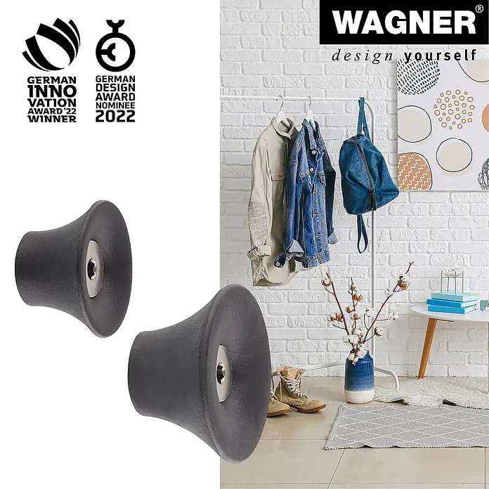 Wagner System Garderobenhaken-Set - Ø x H: 50 x 30 mm, Schwarz, 4 Stk. - Produktbild von zwei schwarzen WAGNER Möbelknöpfen, die sich ideal für die individuelle Gestaltung von Möbeln eignen.