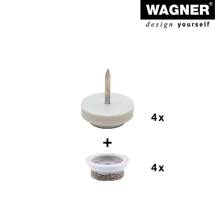 Wagner System Filzgleiter Ultrasoft - Durchmesser: 20 mm, 80 Stk., Mit Stift, Weiß - Produktabbildung von 4x Wagner Gleitern mit Nagel und 4x Wagner Gleitern mit Filzgleitfläche. Ideal für Möbel, um Böden zu schützen.