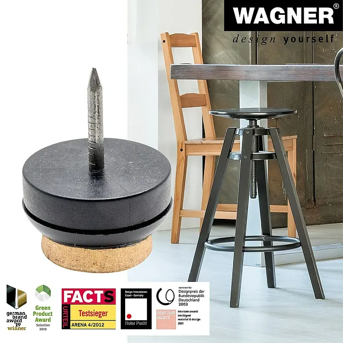 Wagner System Filzgleiter Syno - Durchmesser: 20 mm, 80 Stk., Nageln, Schwarz - Produktbild eines Wagner Möbelgleiters mit Filzgleitfläche und Nagel zur einfachen Befestigung an Möbeln.