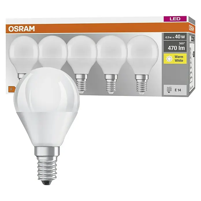 Osram LED-Lampen Set Tropfenform E14 matt - E14, Nicht Dimmbar, Warmweiß, 470 lm, 5,7 W - Eine Osram LED-Lampe E14, 4,9W entspricht 40W, 470 Lumen, warmweiß, 360 Grad Abstrahlwinkel, Energieeffizienzklasse F.