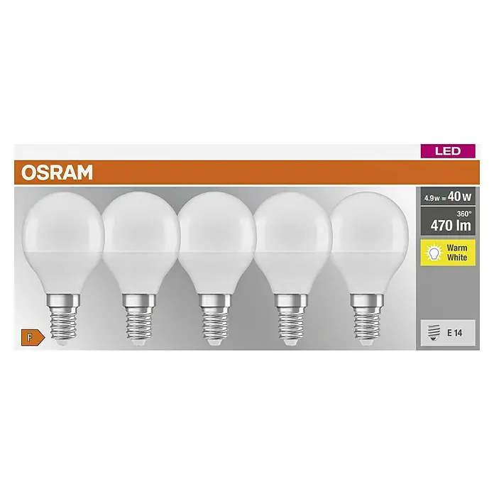 Osram LED-Lampen Set Tropfenform E14 matt - E14, Nicht Dimmbar, Warmweiß, 470 lm, 5,7 W - Das Bild zeigt eine Nahaufnahme einer Osram LED-Glühbirne mit E14-Sockel, die warmweißes Licht spendet und Energieeffizienzklasse F hat.