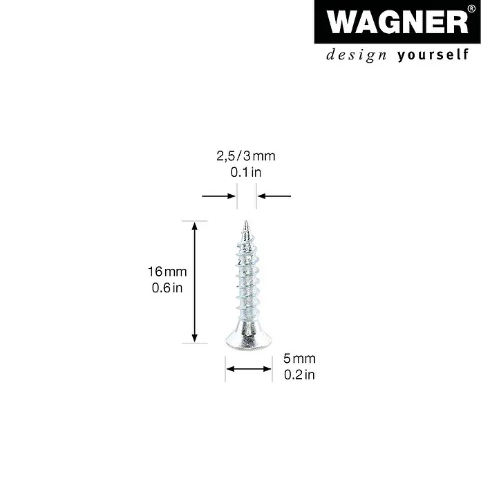 Wagner System Filzgleiter Hyper Slim - Durchmesser: 20 mm, 4 Stk., Mit Schraube - Abbildung einer Schraube mit Größenangaben (16 mm Länge, 2,5/3 mm Durchmesser, 5 mm Kopf).