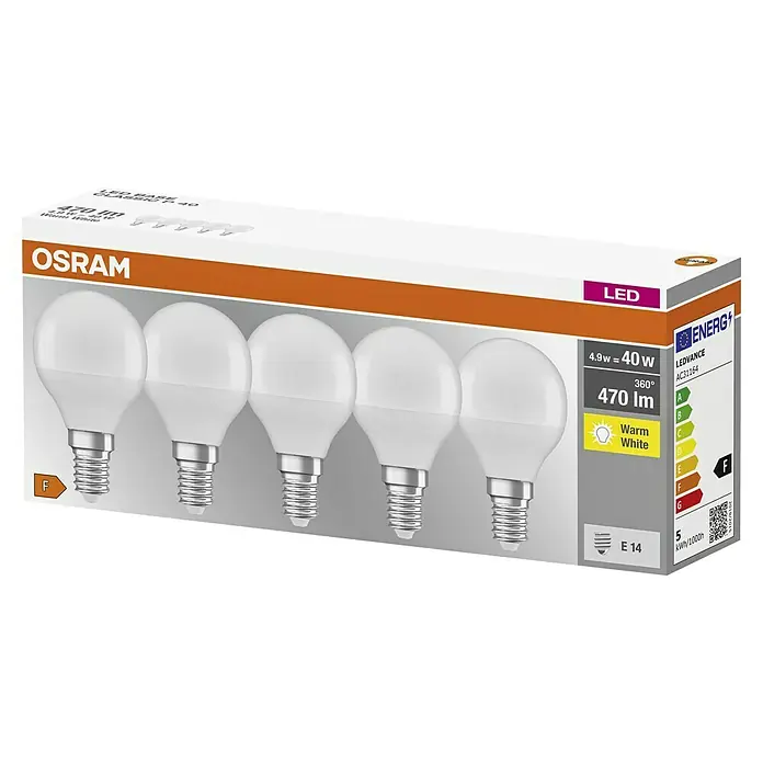 Osram LED-Lampen Set Tropfenform E14 matt - E14, Nicht Dimmbar, Warmweiß, 470 lm, 5,7 W - Eine Fünferpackung OSRAM LED-Lampen mit E14-Sockel, 470 Lumen und warmer Lichtfarbe. Die Lampen sind energieeffizient mit der Klasse F.