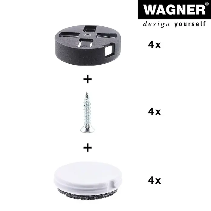Wagner System Filzgleiter Equalizer Usoft/Hyper - Durchmesser: 30 mm, Schrauben, 4 Stk. - Das Bild zeigt eine Wagner Design Yourself Möbelgleiter Montage. Sie besteht aus einem schwarzen Montageblock, einer Schraube und einem Möbelgleiter.