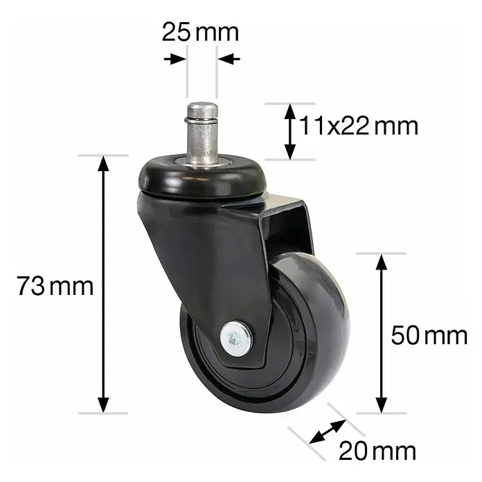 Wagner System Design-Lenkrolle 3C - Durchmesser Rollen: 50 mm, Traglast: 50 kg, Mit Gewindestift, 5 Stk., Schwarz - Detaillierte Ansicht eines schwarzen Möbelrollen-Ersatzteils mit präzisen Maßangaben.
