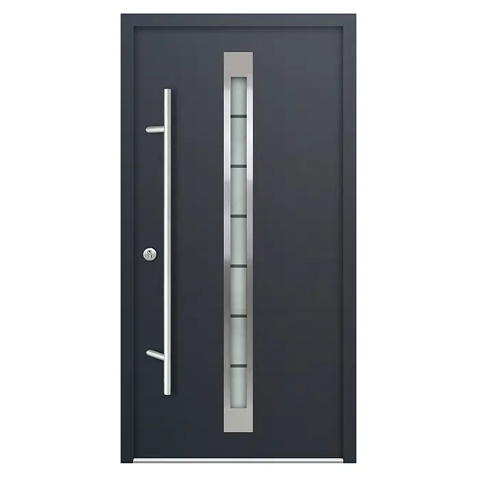 FM Türen Haustür AC68-520 - 98 x 208 cm, DIN Anschlag: Links, Anthrazit - Moderne Haustür in Anthrazit mit vertikalem Glaselement und langem, silberfarbenem Türgriff, die einladende Eleganz bietet.