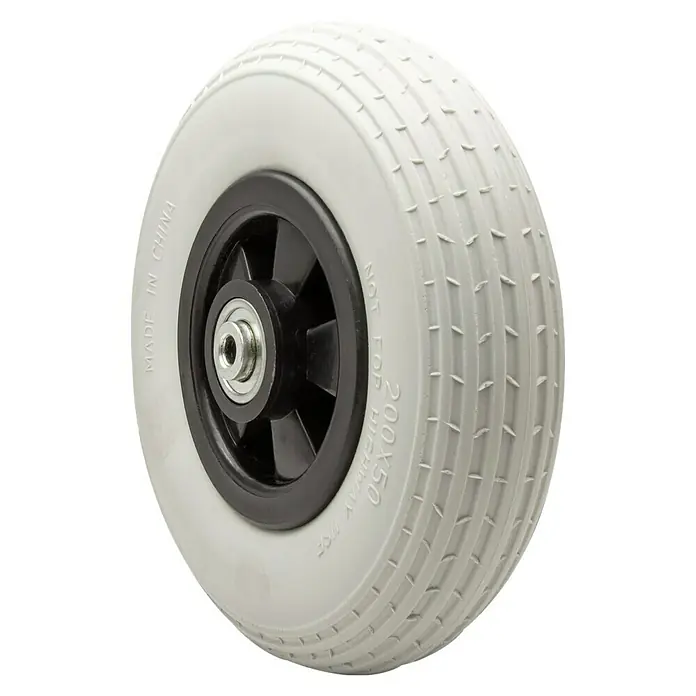 Wagner System Transportgeräte-Bockrolle - Durchmesser Rollen: 200 mm, Traglast: 75 kg, Höhe: 200 mm - Grauer Rollstuhlreifen mit schwarzer Felge und der Aufschrift "Made in China" und "200x50".