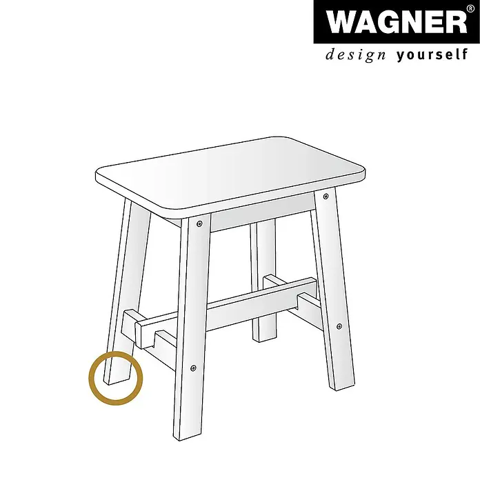 Wagner System Filzgleiter Hyper Slim - Durchmesser: 17 mm, 4 Stk., Mit Schraube - Abbildung eines skizzenhaften Holzschemels der Marke Wagner zum selbst gestalten mit goldener Markierung am Fuß.