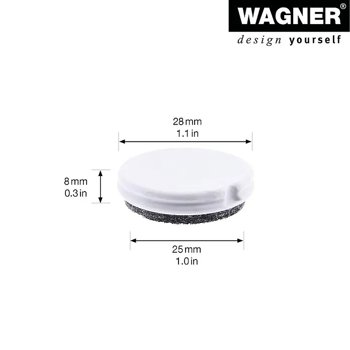 Wagner System Filzgleiter Equalizer Usoft/Hyper - Durchmesser: 30 mm, Schrauben, 4 Stk. - Produktbild eines weißen Möbelgleiters mit Filzgleitfläche und Maßangaben, ideal zum Schutz von Böden.
