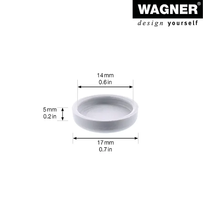 Wagner System Filzgleiter Hyper Slim - Durchmesser: 17 mm, 4 Stk., Mit Schraube - Produktdarstellung: Ein weißes, rundes Möbelgleiter-Element mit den Maßen 17 mm x 14 mm x 5 mm, dargestellt mit Maßangaben.