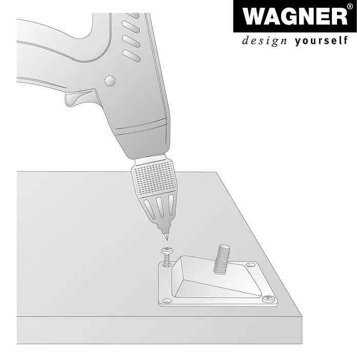 Wagner System Anschraubplatte - L x B: 90 x 88 mm, Stahl, Silber - Eine Illustration zeigt einen Akkuschrauber, der eine Schraube in eine Möbelbeinhalterung an einem Möbelstück schraubt.