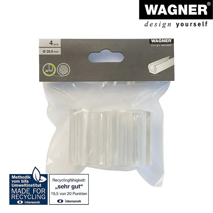 Wagner System Klemmschalengleiter - Durchmesser: 28,6 mm, Kunststoff, 4 Stk. - Bild einer Packung mit vier transparenten Wagner-Clips mit einem Durchmesser von 28,6 mm, die zum Recycling hergestellt wurden.