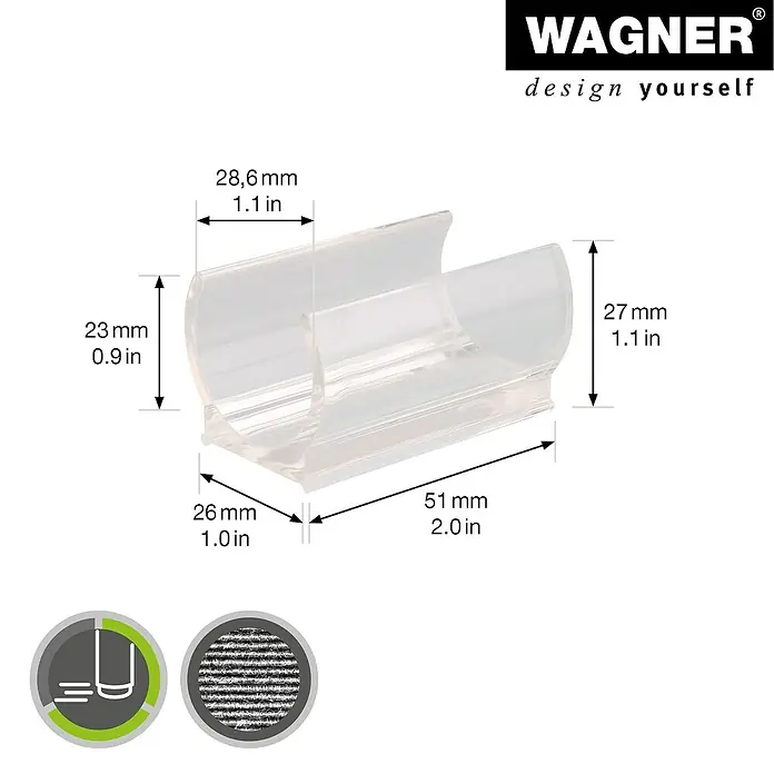 Wagner System Klemmschalengleiter - Durchmesser: 28,6 mm, Kunststoff, 4 Stk. - Produktbild eines transparenten WAGNER Clip CUBE mit Maßangaben. Der Clip ist aus klarem Kunststoff und dient zur Befestigung.