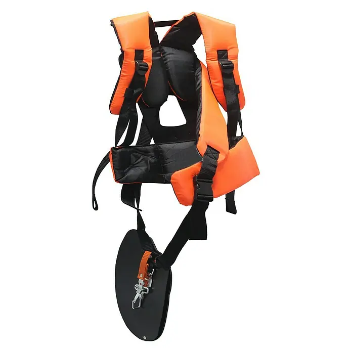 Arnés de seguridad Acolchado - Easy Clips - En la imagen se muestra un arnés de desbrozadora en naranja y negro, con correas ajustables y una placa de soporte para la máquina.