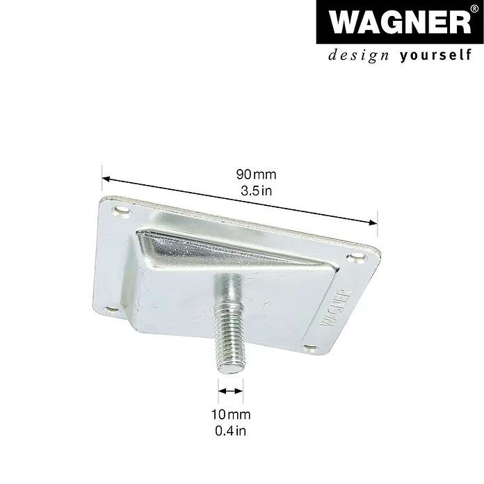 Wagner System Anschraubplatte - L x B: 90 x 88 mm, Stahl, Silber - Produktabbildung eines Wagner Möbelfußes mit Gewinde zur einfachen Montage und Anpassung.