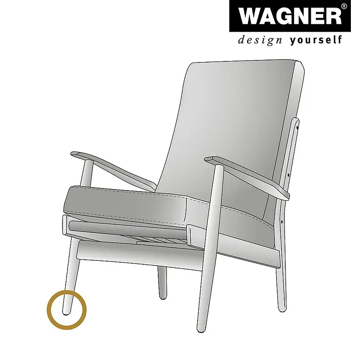 Wagner System Filzgleiter Hyper Slim - Durchmesser: 20 mm, 4 Stk., Mit Schraube - Abbildung eines Sessels der Marke Wagner mit hellgrauem Bezug und hellem Holzgestell.