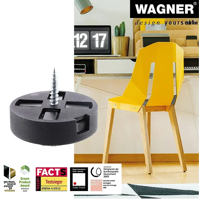 Wagner System Filzgleiter Equalizer Usoft/Hyper - Durchmesser: 30 mm, Schrauben, 4 Stk. - Produktbild eines Wagner Möbelgleiters mit Schraube, präsentiert vor einem stilvollen Bürostuhl und Schreibtisch.