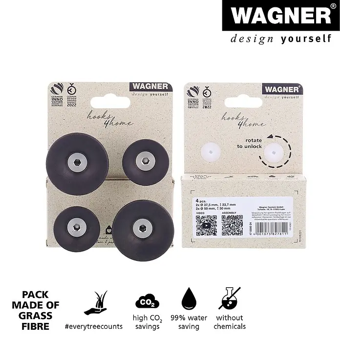 Wagner System Garderobenhaken-Set - Ø x H: 50 x 30 mm, Schwarz, 4 Stk. - Produktbild: Set aus vier Wandhaken von Wagner, hergestellt aus nachhaltiger Grasfaser.