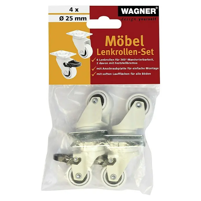 Wagner System Design-Lenkrolle 3C - Durchmesser Rollen: 25 mm, Weiß, 4 Stk. - Möbel-Lenkrollen-Set von Wagner, 4 Stück, Durchmesser 25mm. Zwei Rollen mit Feststellbremse. Ideal für flexible Möbelgestaltung mit sanften Laufflächen.