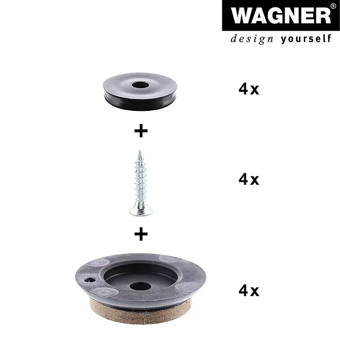 Wagner System Filzgleiter Syno Slim - Durchmesser: 25 mm, 4 Stk., Mit Schraube - Produktabbildung: Wagner Möbelgleiter Set mit Filzgleitern, Schrauben und Unterlegscheiben für den Möbelbodenschutz.