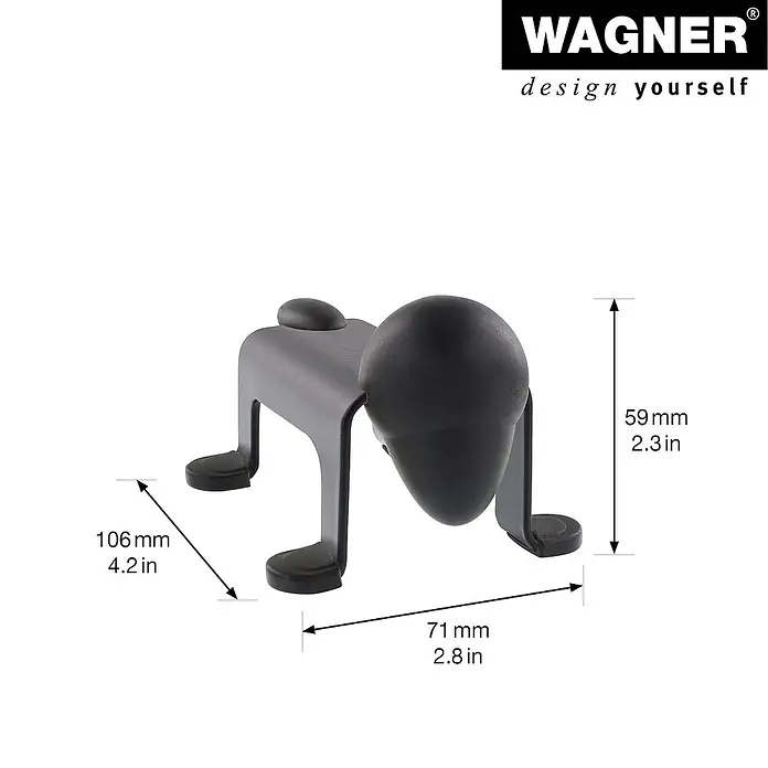 Wagner System Bodentürstopper EH5208 - L x B x H: 59 x 106 x 71 mm, Stahl, Schwarz - Produktfoto des Wagner Türstopper in Hundeform mit Größenangaben. Design Türstopper für Kinderzimmer und Wohnräume.