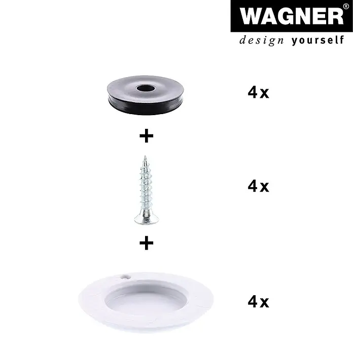 Wagner System Filzgleiter Hyper Slim - Durchmesser: 25 mm, 4 Stk., Mit Schraube - Wagner Montageanleitung: Eine schwarze Gummiunterlegscheibe, eine Schraube und eine weiße Unterlegscheibe, jeweils vierfach dargestellt.